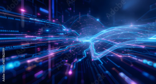 Futuristic Digital Data Flow Background. Abstract Cybernetic Network with Glowing Lines and Particles. Technology and AI Concept.