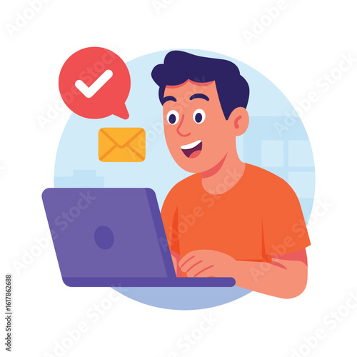 Illustration of a man happily confirming a successful shopping transaction on laptop.