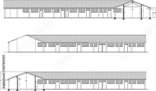vector sketch illustration of architectural engineering design drawing of simple school facade section view 