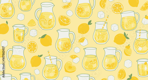 Refreshing Lemonade Pattern with Pitchers Lemons and Ice Cubes on Yellow Background.