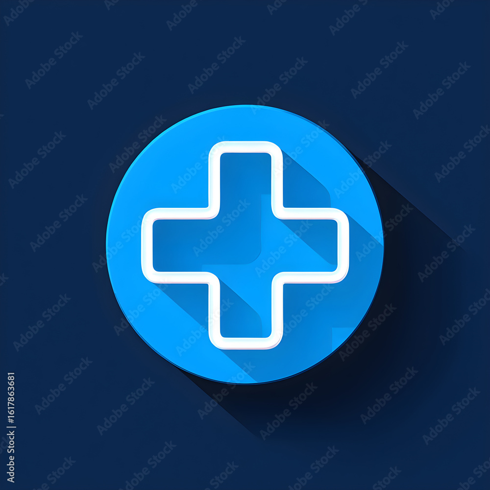 Fototapeta premium Bright blue circle with white plus sign and long shadow