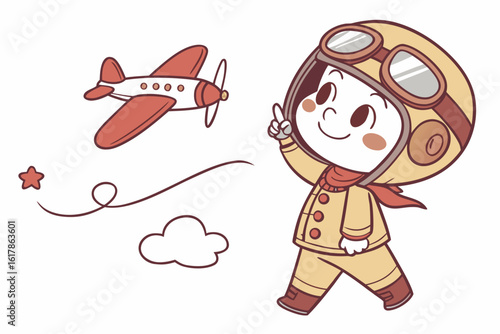 Cartoon child pilot with airplane and star flying aviation