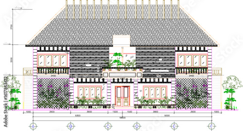 Vector sketch illustration of architectural engineering design drawing, site plan layout, facade section view, classic, vintage, ethnic, traditional, modern, multi-storey residential house