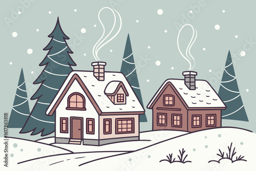 Cozy winter village with snow falling and smoke from chimneys