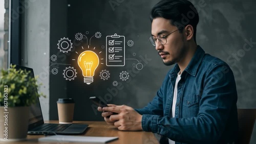 Man using smartphone with glowing idea bulb and checklist graphics