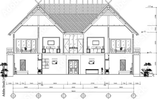 Vector sketch illustration of architectural engineering design drawing, site plan layout, facade section view, classic, vintage, ethnic, traditional, modern, multi-storey residential house