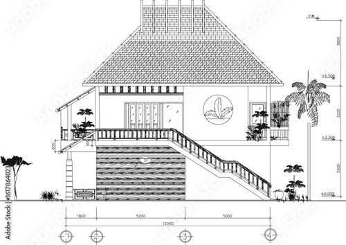 Vector sketch illustration of architectural engineering design drawing, site plan layout, facade section view, classic, vintage, ethnic, traditional, modern, multi-storey residential house