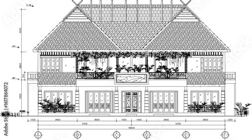 Vector sketch illustration of architectural engineering design drawing, site plan layout, facade section view, classic, vintage, ethnic, traditional, modern, multi-storey residential house