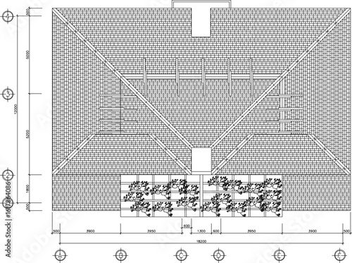 Vector sketch illustration of architectural engineering design drawing, site plan layout, facade section view, classic, vintage, ethnic, traditional, modern, multi-storey residential house