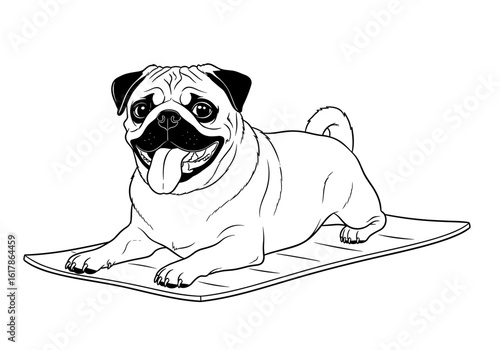 Pug on a cooling mat – tongue out, relaxing in the summer heat