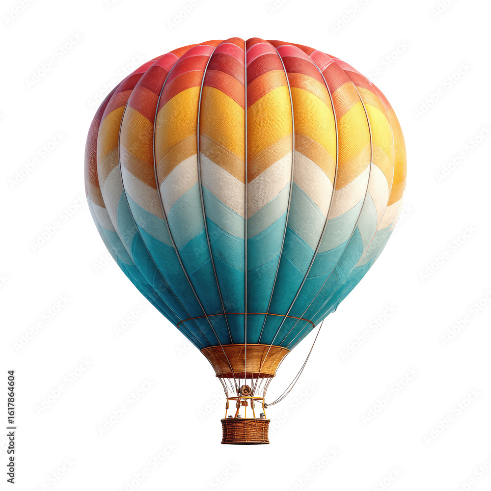 Fototapeta premium Colorful hot air balloon, vibrant hues, geometric patterns, isolated, detailed design