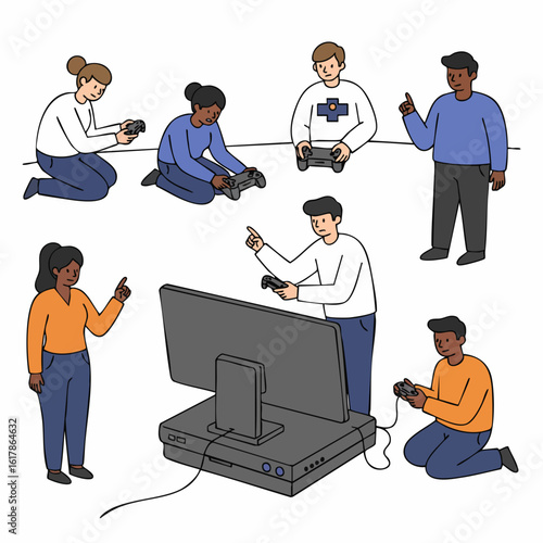 Diverse group of friends enjoying a competitive and fun video game session at home, captured in a vibrant illustration.