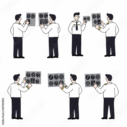Illustrations of professional pilots analyzing aviation control panels and instruments for flight operations and training.