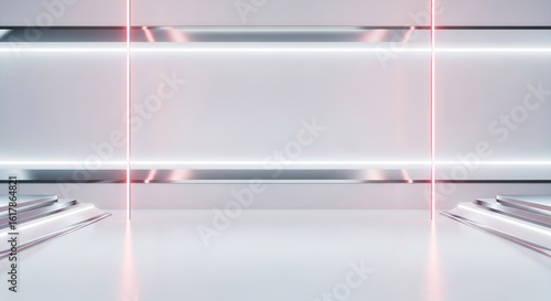 Fototapeta Naklejka Na Ścianę i Meble -  A futuristic white room with neon lights and reflective surfaces creating a modern aesthetic space