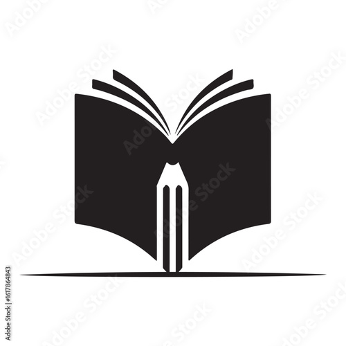 Illustration of an open book with a pencil in a black and white style