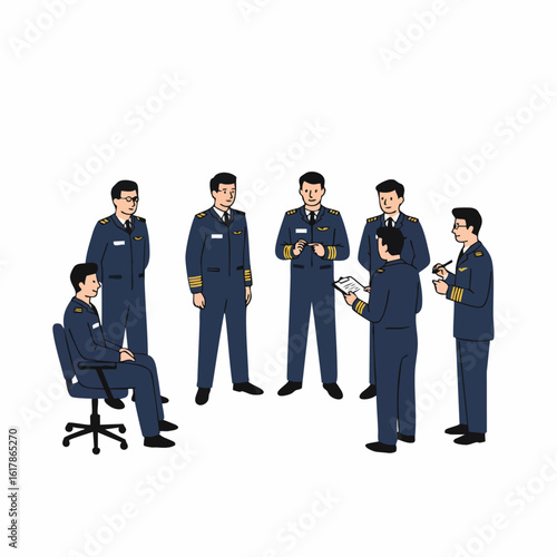 Professional aviation team: Pilots and flight crew conducting a pre-flight briefing, discussing operations and safety protocols in a meeting.