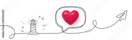 Lighthouse line icon. Continuous line with share plane. Searchlight tower sign. Beacon symbol. 3d heart in speech bubble. Lighthouse single line ribbon. Loop curve pattern. Vector