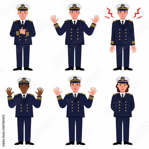 Diverse flat design illustrations of ship captains displaying a range of negative emotions and gestures, including stress, worry, sadness, and discomfort.