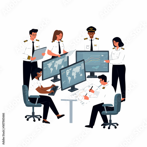 Diverse team of pilots and aviation professionals collaborating in an operations center, using technology for flight planning and global route analysis