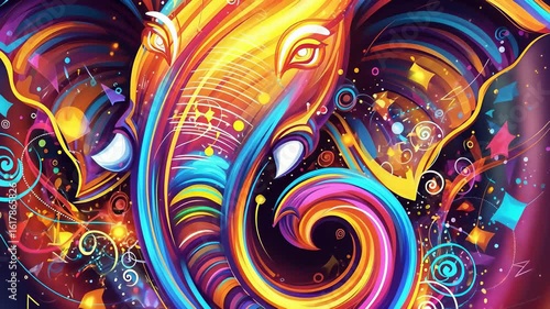 Vibrant Ganesha Deity Art with Swirling Patterns and Glowing Neon Colors