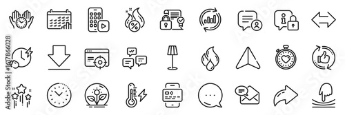 Lock, Charging time and Chat messages line icons pack. Share, Message, Paper plane icons. Seo targeting, Refresh like, New mail web icon. Calendar graph, Card, Hot loan pictogram. Vector