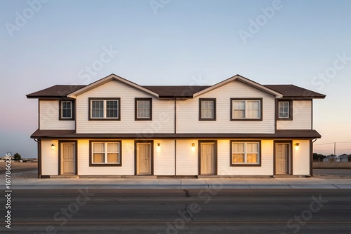 Symmetrical white duplex house with dark trim under a clear evening sky