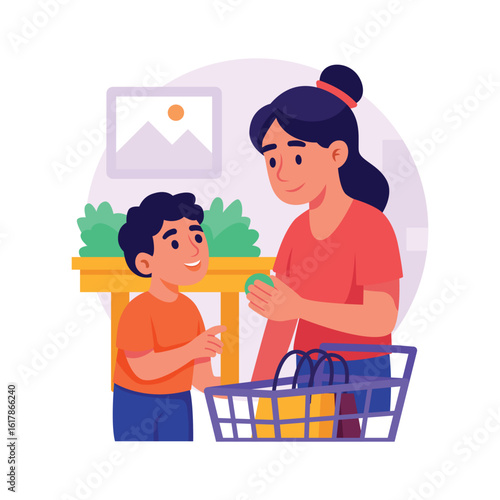 Flat illustration of mother and son happily shopping together in a grocery store.