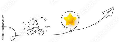 Bike timer line icon. Continuous line with share plane. Delivery bicycle transport sign. Outdoor transportation symbol. 3d star in speech bubble. Bike timer single line ribbon. Vector