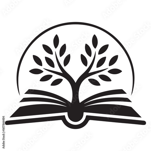 Black and white graphic of a tree growing from an open book design