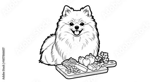 Pomeranian with a personalized mini meal prep – veggies, kibble, and a sprig of parsley 