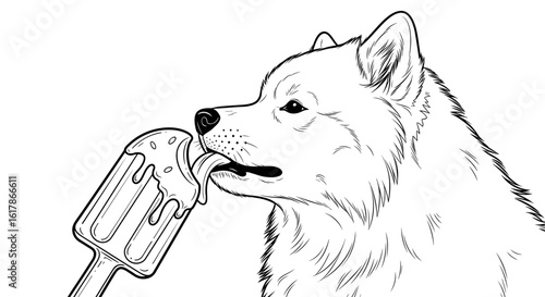 Samoyed licking an ice cream-shaped frozen dog treat – summer vibe