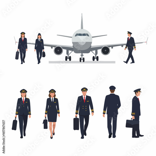 Professional Pilots and Aviation Crew Members with Passenger Jet on Tarmac, Flat Vector Design