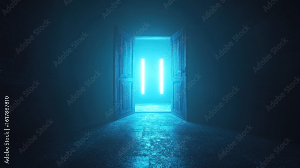 Open door revealing bright blue neon light. Open door revealing bright blue neon light.