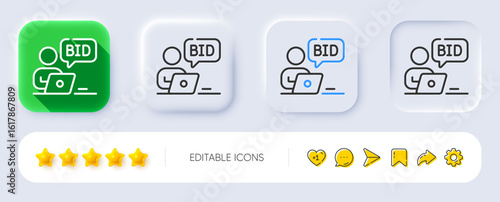 Online auction line icon. Neumorphic, Flat shadow, 3d buttons. Bid offer sign. Raise the price up symbol. Line online auction icon. Social media icons. Vector