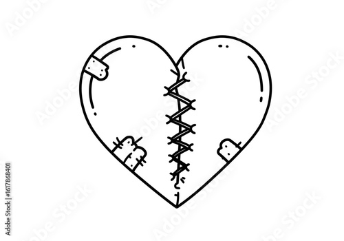 Repaired Heart with Stitches and Bandages in Black and White Outline.