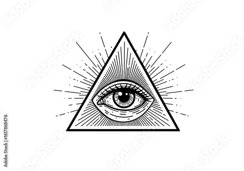All-Seeing Eye in Triangle with Rays Black and White Illustration.