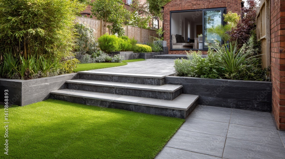 Fototapeta premium No Artificial Garden: Landscaped Backyard with Grey Paving Slabs and Grass