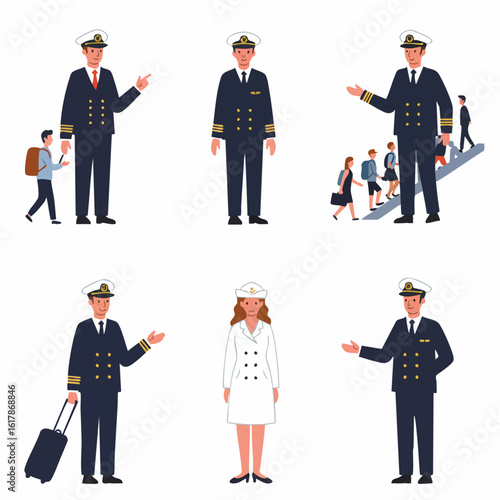Diverse illustrations of uniformed maritime captains and officers, including a female, depicted in roles of guidance, service, and travel on a white background.