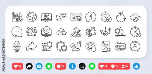 Report, Group and Fast verification line icons pack. Social media: share, comment, like icons. Timer, Cloud computing, Web report web icon. World insurance, Correct way, User info pictogram. Vector