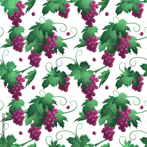 Seamless pattern with branches and clusters of red grapes, leaves, berries, vine. The concept of the wine festival, tasting. Vector illustration of the design of postcards, clothing, textiles, banners