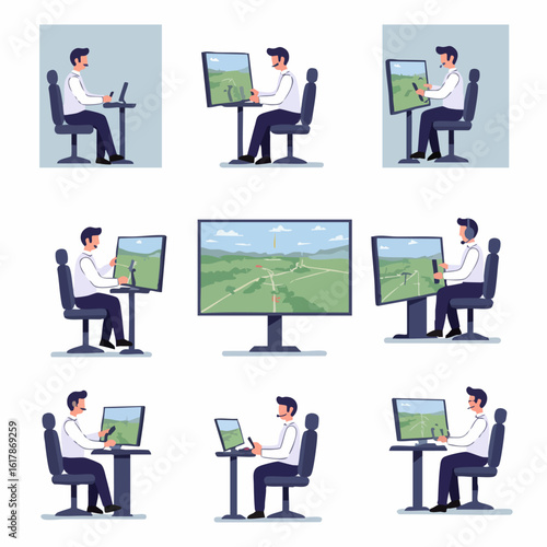 Professional male operating remote control systems for drone or air traffic management, monitoring visual displays and communicating via headset in various poses.