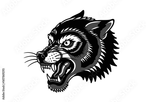 Stylized Wolf Head with Open Mouth and Sharp Teeth Illustration.