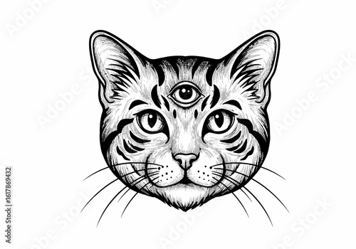 Mystical Cat Portrait with Third Eye Illustration.