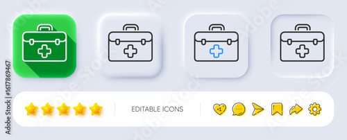 First aid line icon. Neumorphic, Flat shadow, 3d buttons. Medicical kit sign. Pharmacy medication symbol. Line first aid icon. Social media icons. Vector
