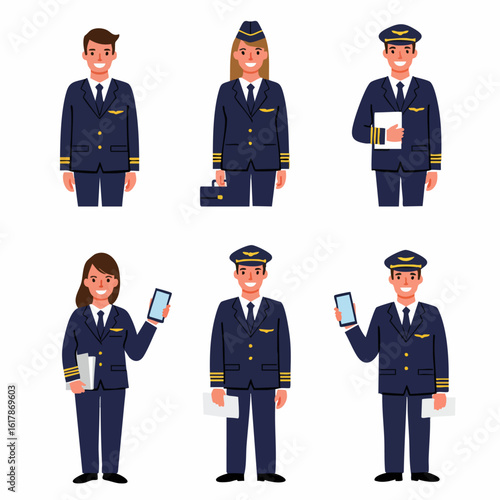 Diverse collection of cheerful male and female airline pilots and flight attendants in professional uniforms, ready for global air travel.