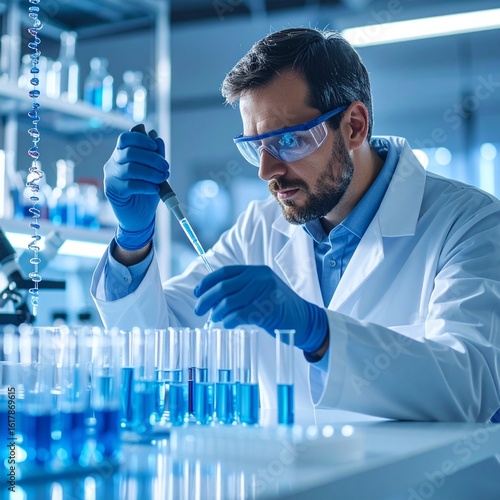 In a futuristic laboratory, a scientist with a pipette analyzes a colored liquid to extract the DNA and molecules in the test tubes. Concept research,biochemistry,immersive technology.