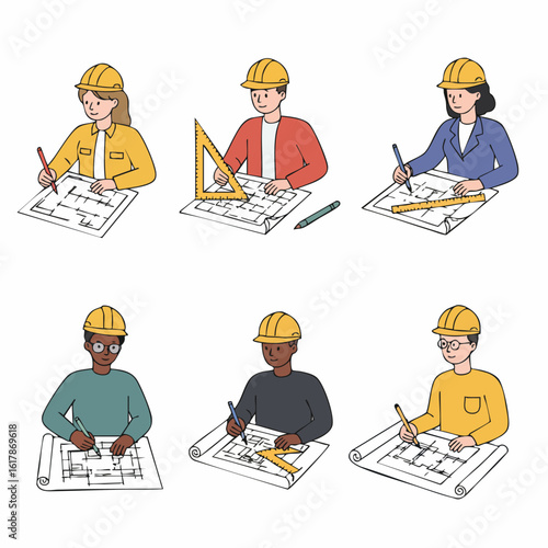 Diverse group of architects and engineers in hard hats drawing blueprints and plans with drafting tools, isolated on white.