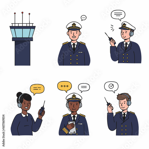 Illustration of an air traffic control tower and diverse pilots or maritime officers engaged in communication, representing various professional roles in aviation and shipping.