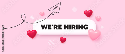 Hiring search bar. Share plane line icon. We are hiring. Join our team sign. Become a member symbol. Search button with 3d hearts. Vector