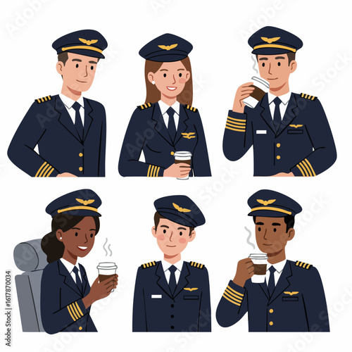 Diverse group of cartoon airline pilots in uniform, including male and female characters, some enjoying a coffee break, on a white background.